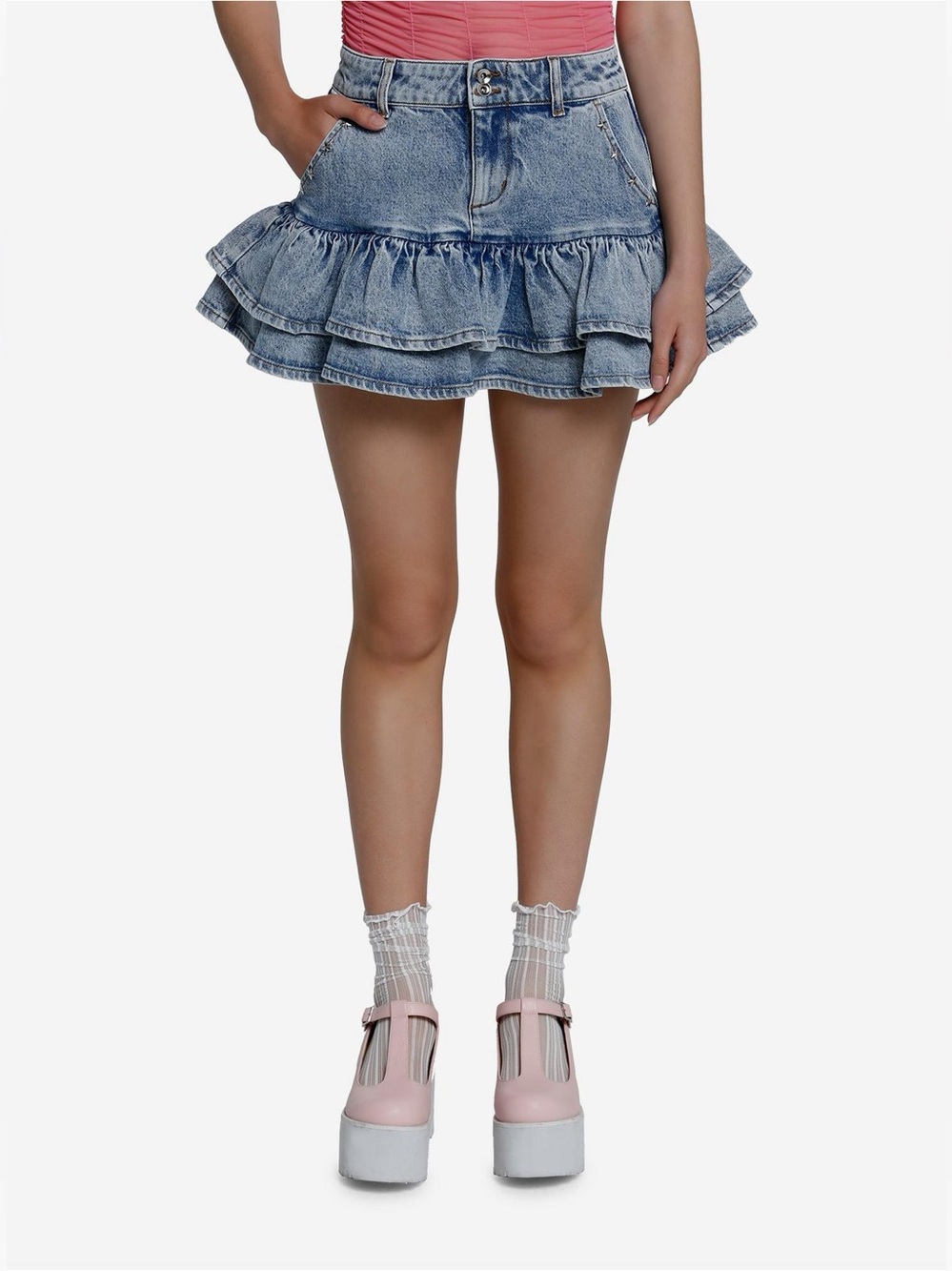 Y2K Social Collision Light Indigo Ruffle Denim Skirt With Studs Size Small
